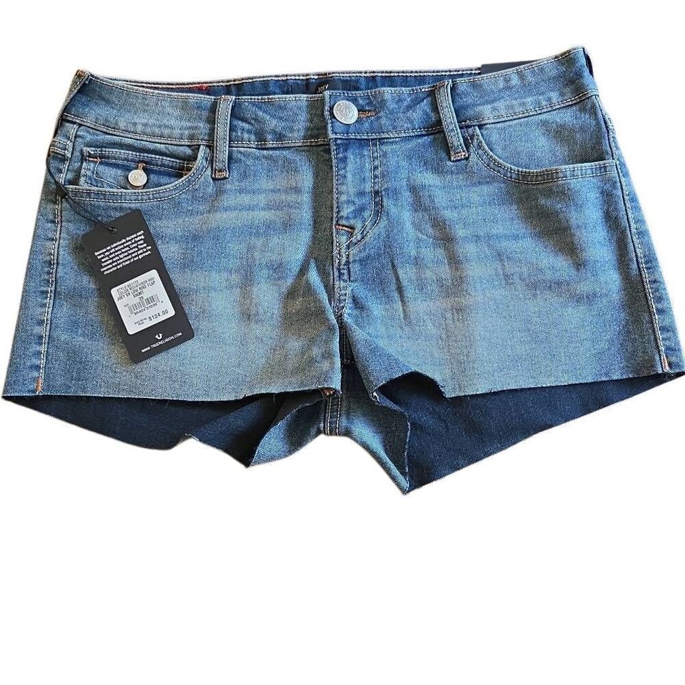 True Religion Joey Cut Off Low Rise Flap Short Denim Blue 29